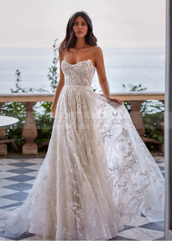 Beaded Strapless Ivory Lace Tulle Stunning Wedding Dress